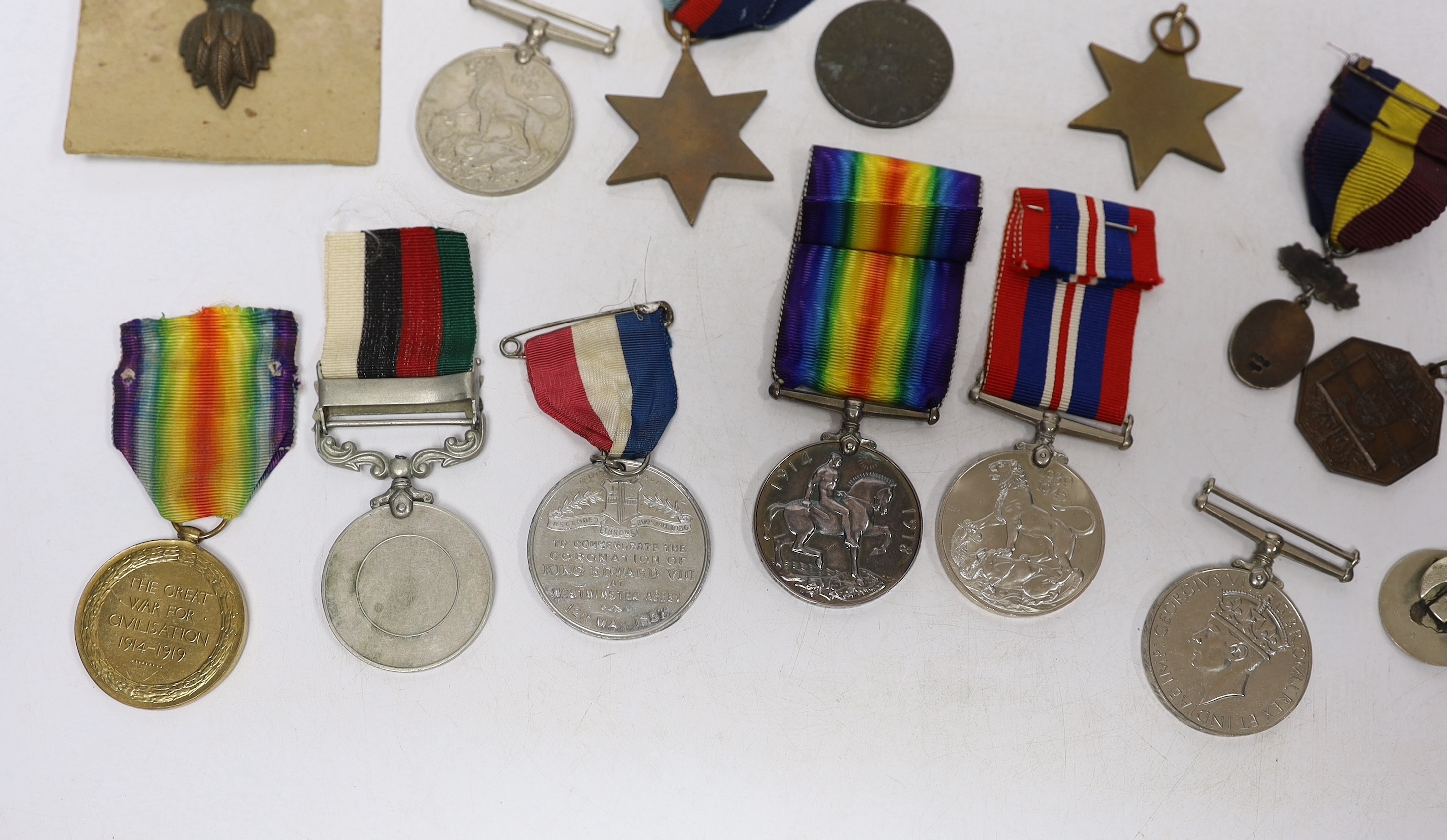 Twelve medals including; a British War Medal, a Victory Medal, three 1939-45 War Medals, two 1939-45 Stars, an Edward VIII Coronation Medal, a Soviet Stalin Victory medal, a Pakistan General Service Medal, a George VI Co
